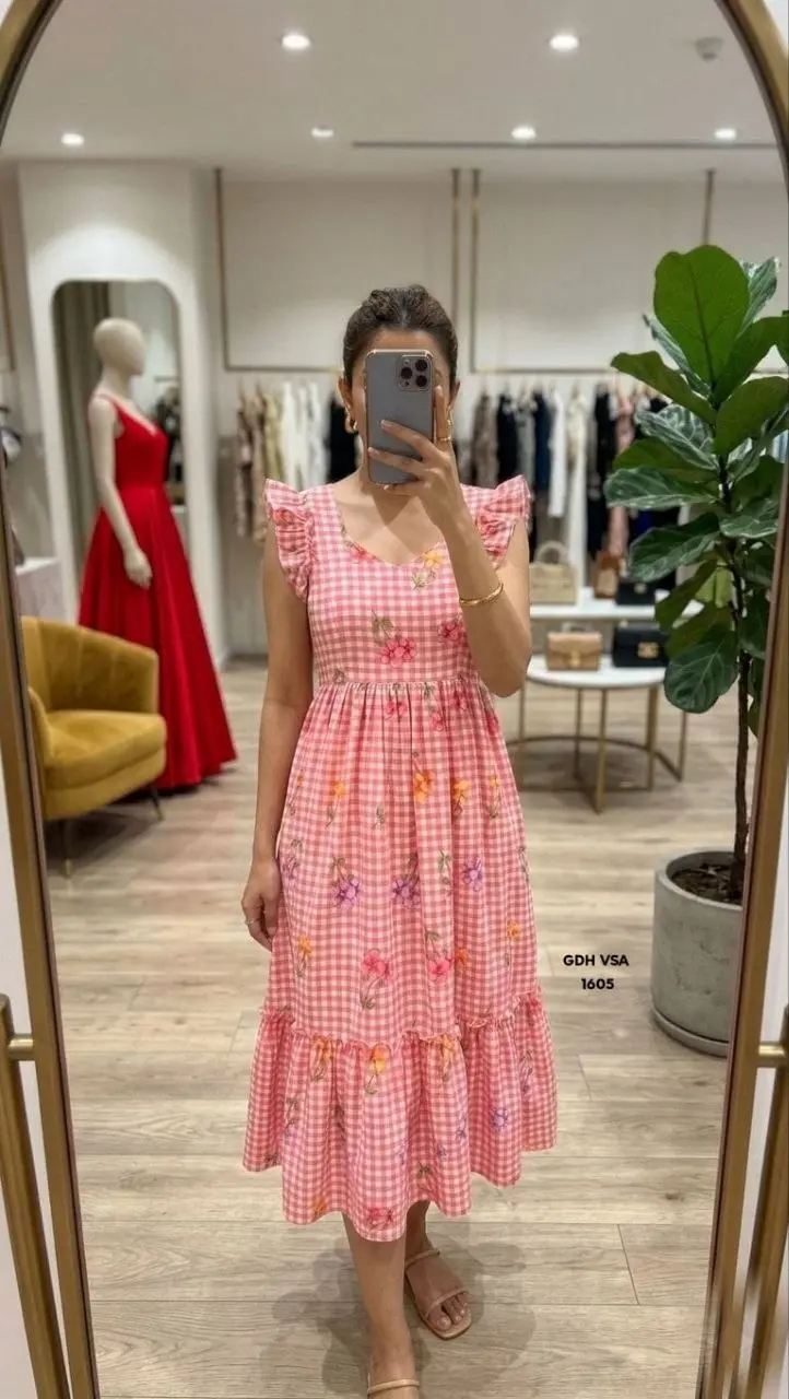 Gingham Floral Cotton Maxi dress - Pink